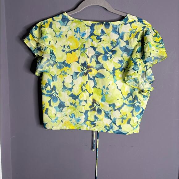 Charlie Holiday Yellow and Blue Floral Short Ruffle Sleeve Cinched Blouse Sz 10 - Picture 5 of 6